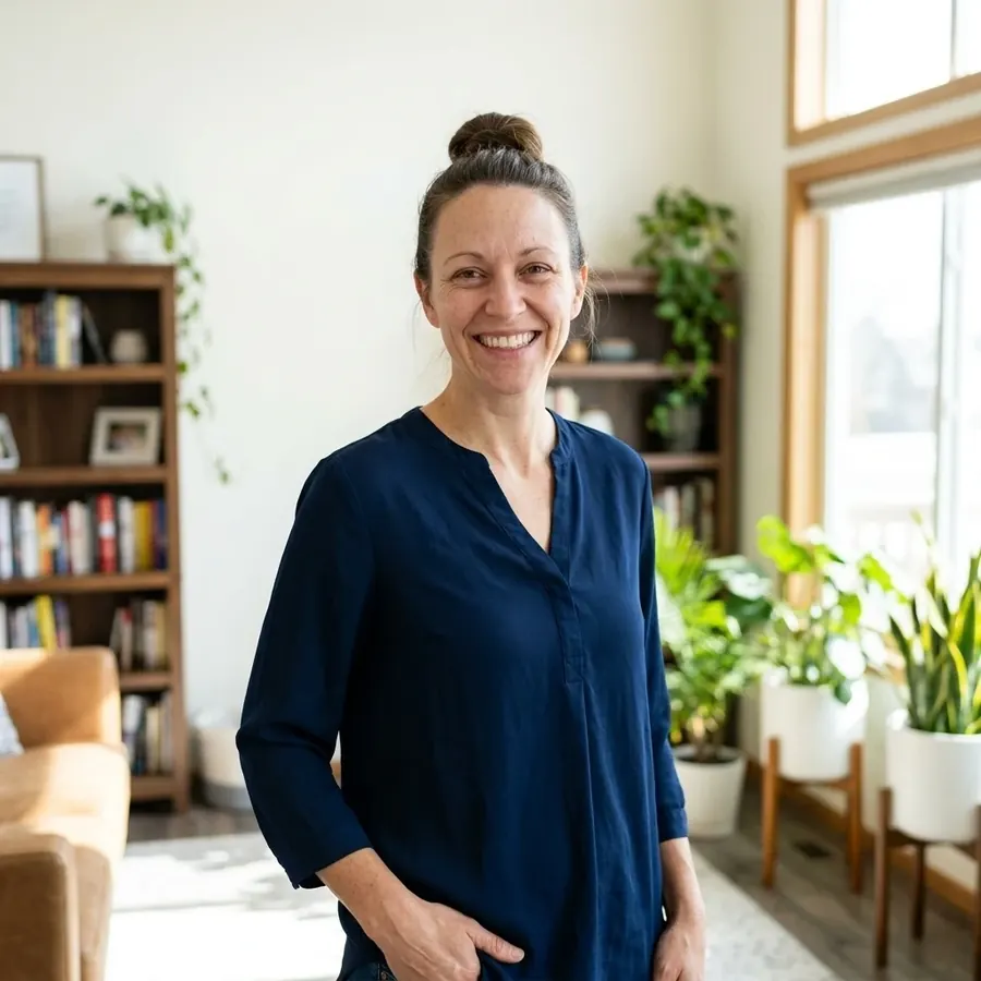 A smiling woman standing in a bright living room with plants