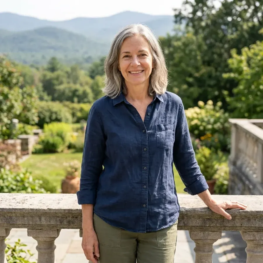 A gray-haired woman on a terrace with mountains behind her