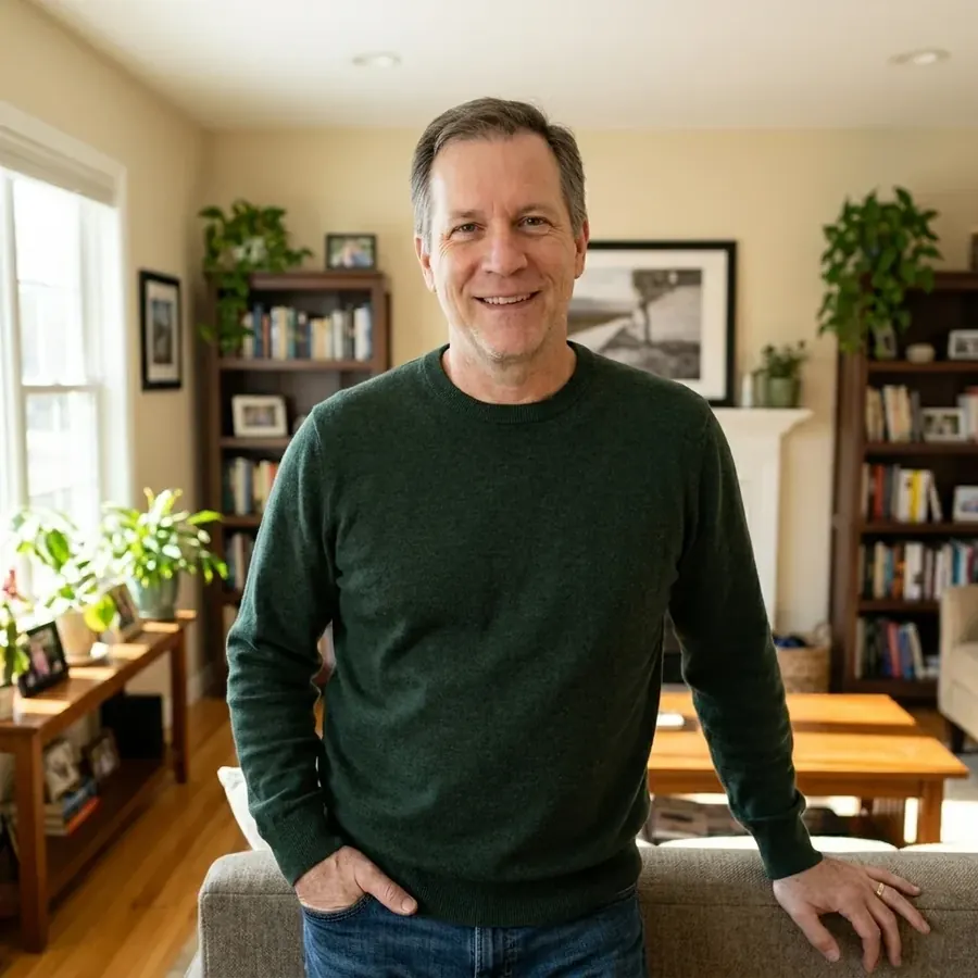 A smiling man in a green sweater in his living room