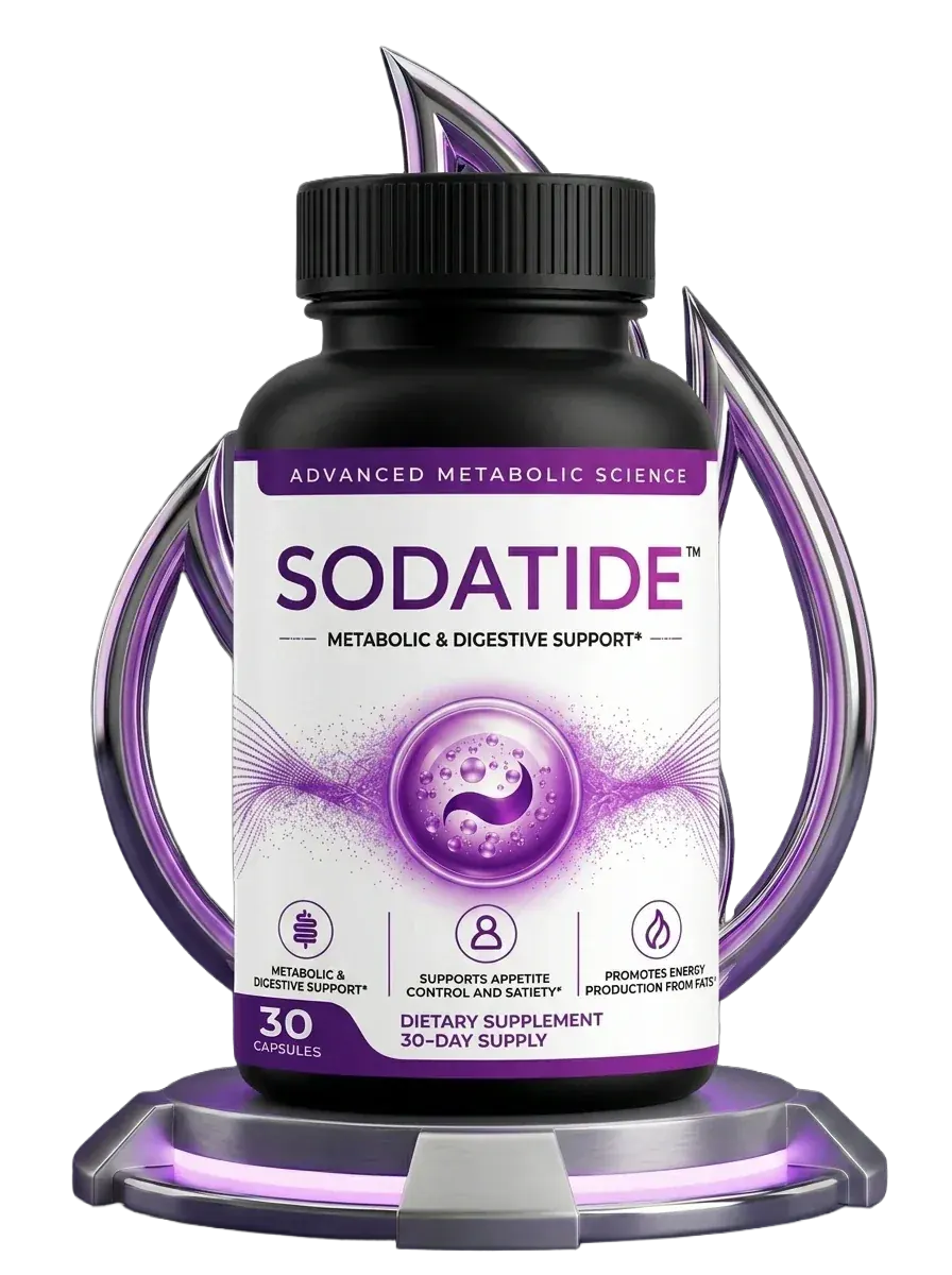 Sodatide bottle, 30 capsules, labeled Metabolic and Digestive Support, on a display stand