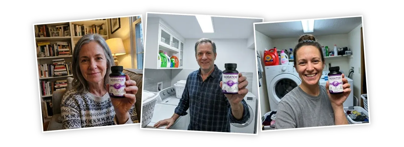 Three snapshots of adults at home holding Sodatide bottles