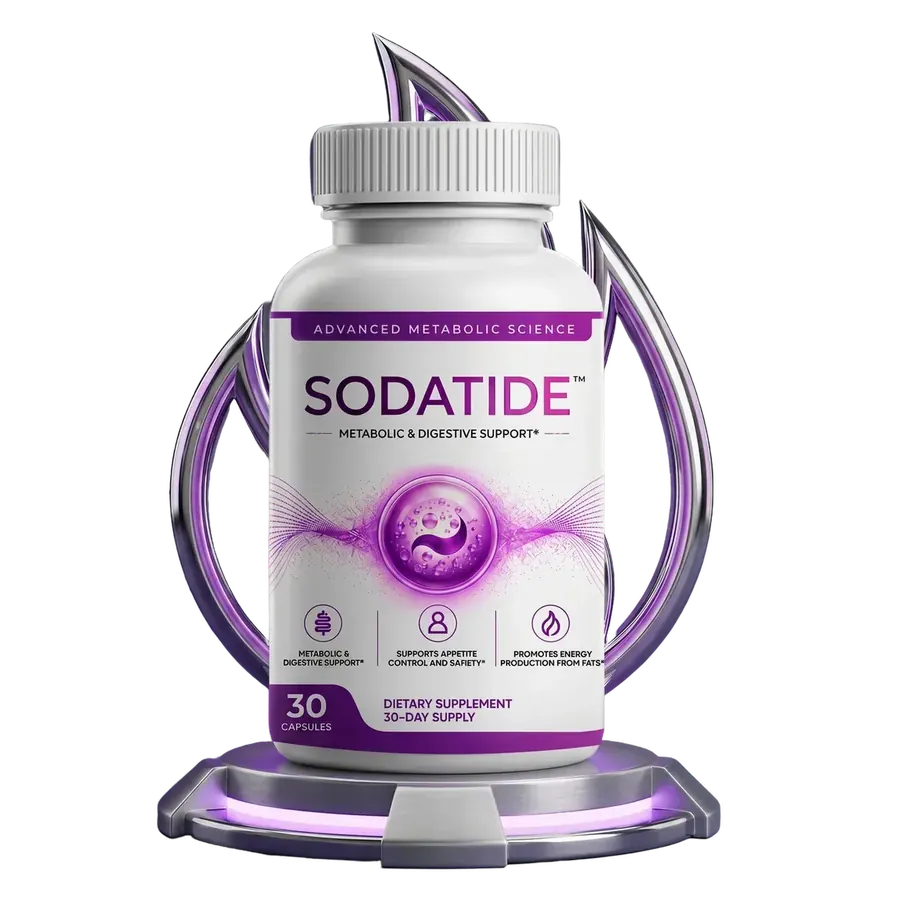 Sodatide bottle with a white cap on a chrome display stand