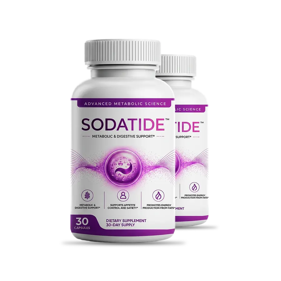 Two Sodatide bottles side by side with purple and white labels
