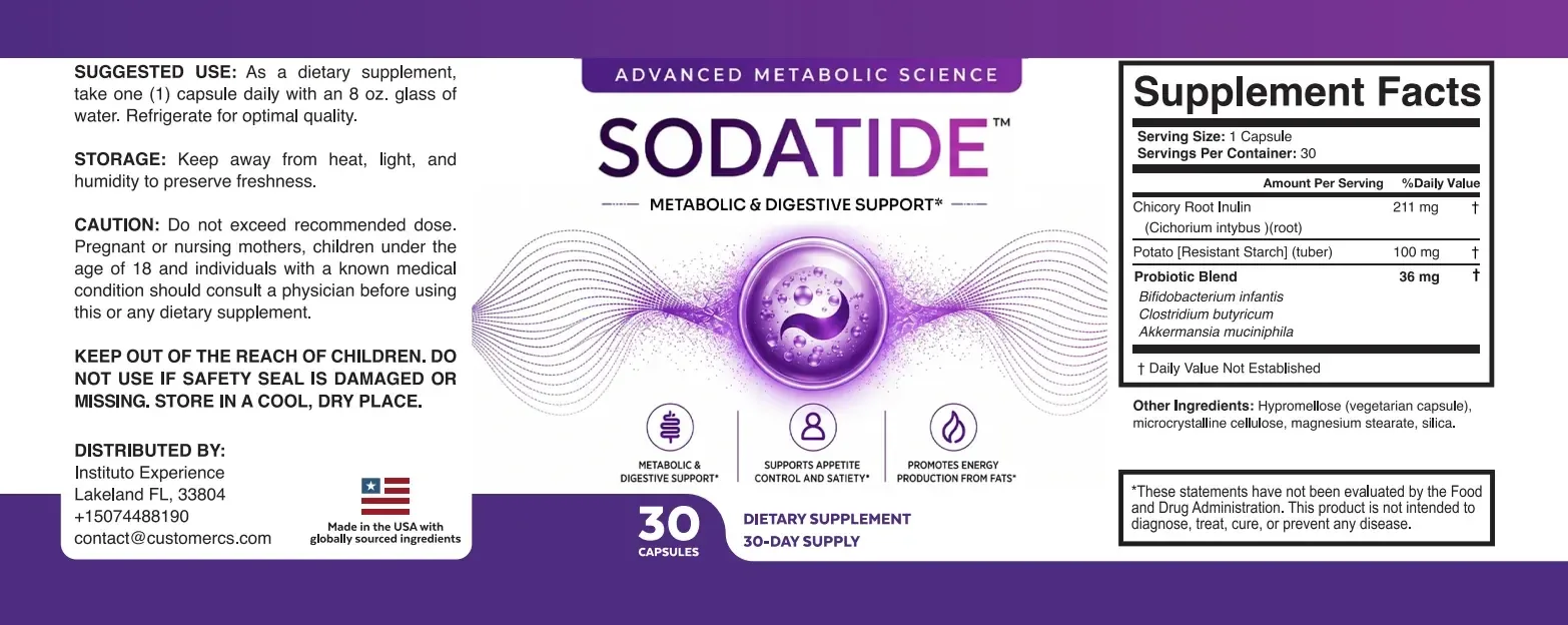 Full Sodatide label with suggested use, cautions, front panel and Supplement Facts box