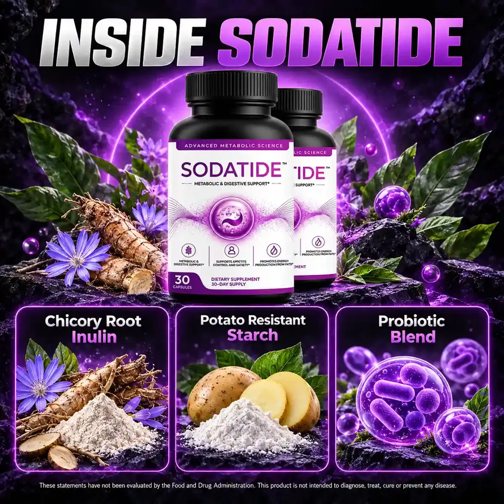 Brand graphic titled Inside Sodatide showing chicory root, potato starch and a probiotic blend