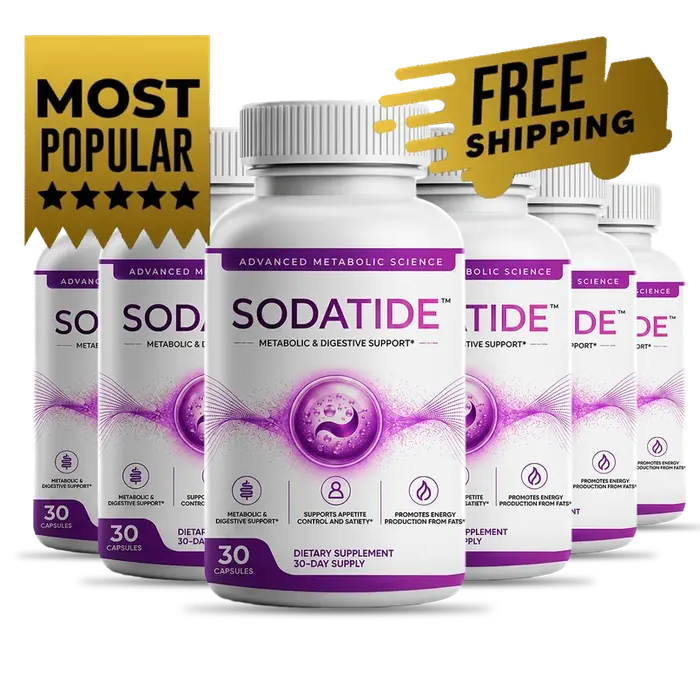 Six Sodatide bottles with Most Popular and Free Shipping badges