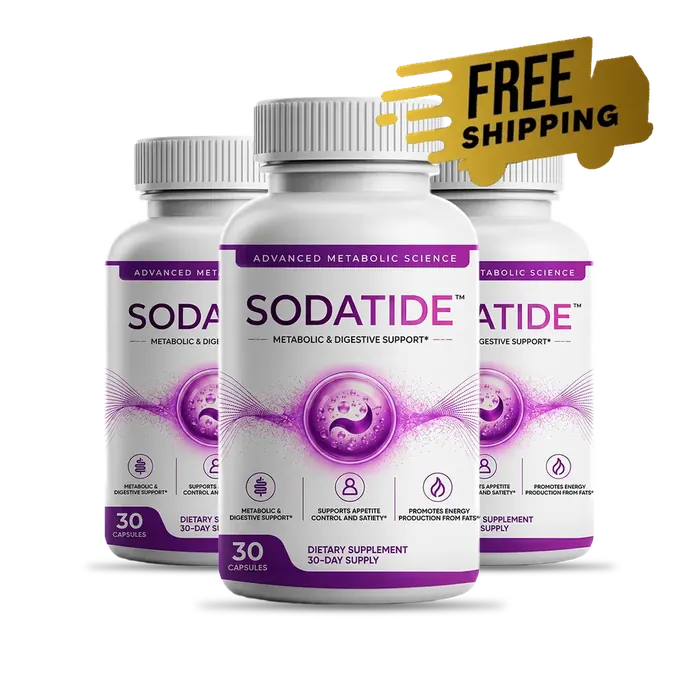 Three Sodatide bottles with a Free Shipping badge