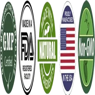 A strip of five seals: GMP Certified, Made in a FDA Registered Facility, Natural, Made in the USA and Non-GMO