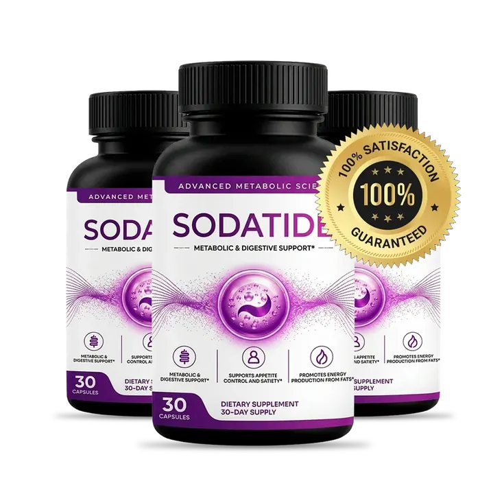 Three Sodatide bottles with a 100% satisfaction seal