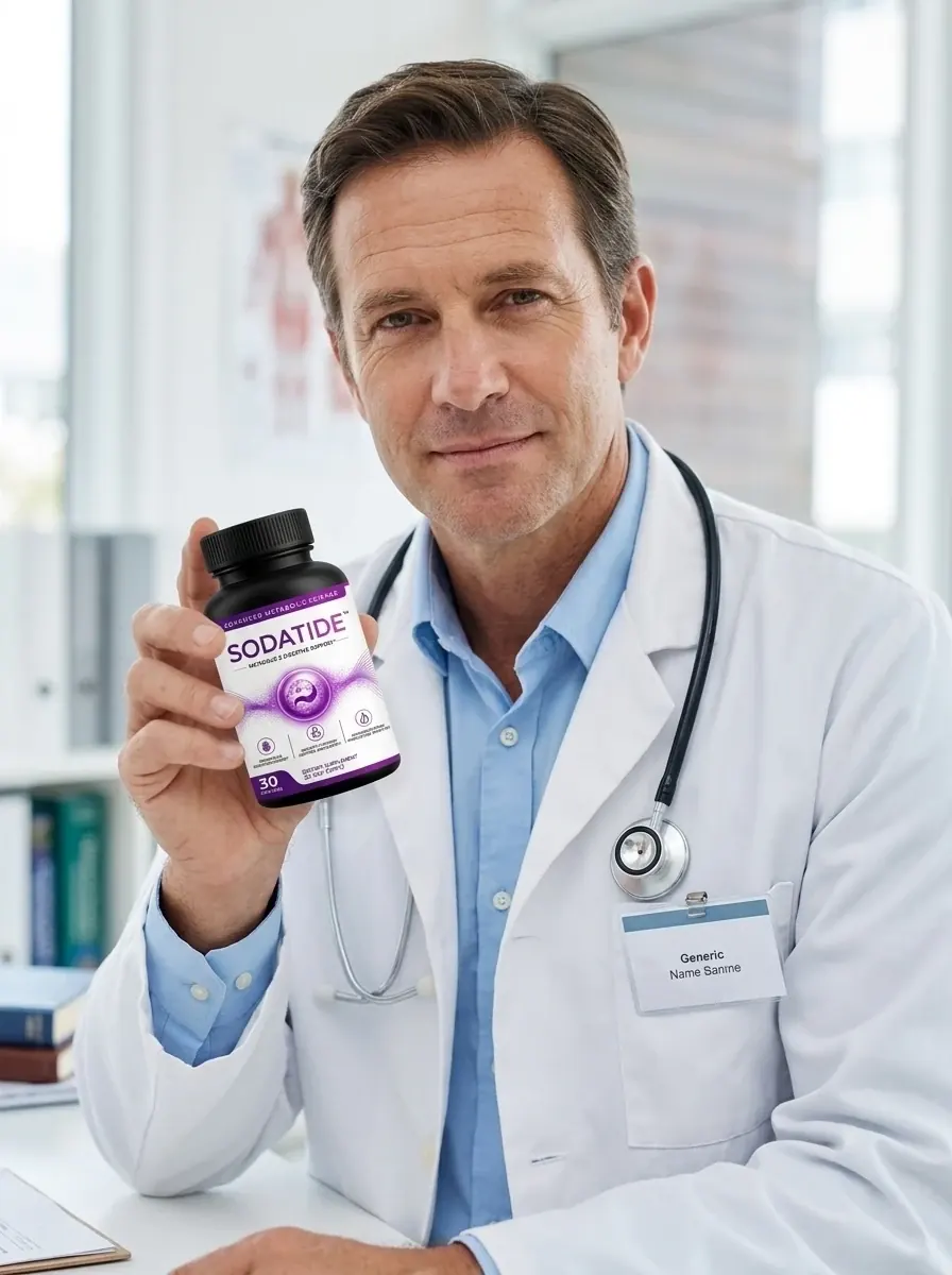 A man in a white coat holding a Sodatide bottle