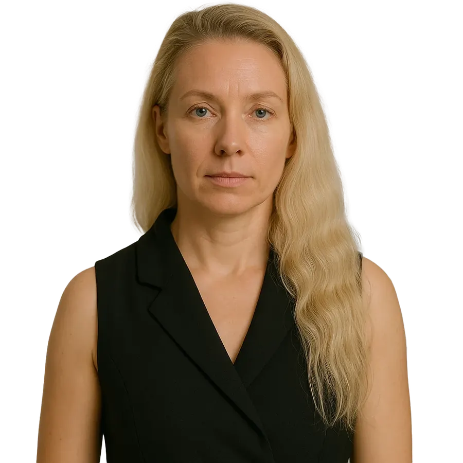 Portrait of a woman with long blond hair in a black top